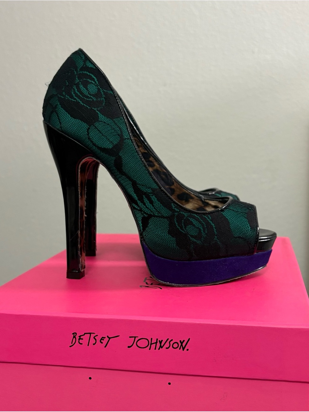 Betsey Johnson - Green and Black Floral Peep-Toe Platform Heels